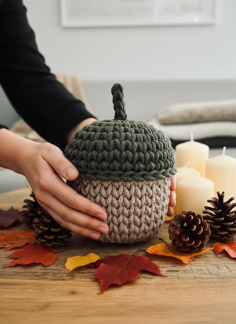 May include: A handmade acorn-shaped basket in olive green and tan. The top is olive green, and the bottom is tan, both with a textured, knitted appearance. The basket is surrounded by fall leaves, pine cones, and candles, creating a seasonal theme.