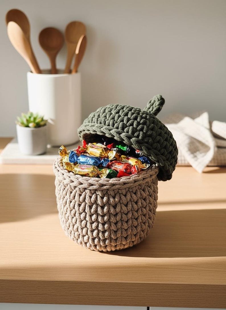 May include: A handmade, beige crochet basket shaped like an acorn, filled with colorful wrapped candies. The basket has a dark green lid, also crocheted, with a stem detail. The basket sits on a wooden surface.
