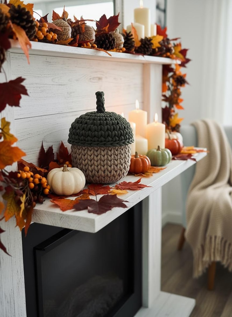May include: A cozy autumn-themed mantel display. A large, two-toned, crocheted acorn sits among small pumpkins, candles, and fall foliage. The color palette includes shades of green, beige, orange, and white, creating a warm and inviting atmosphere.