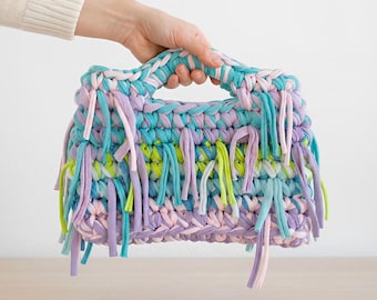 Handmade Colorful Crochet Bag, Small Fringe T-Shirt Yarn Handbag, Summer Statement Purse