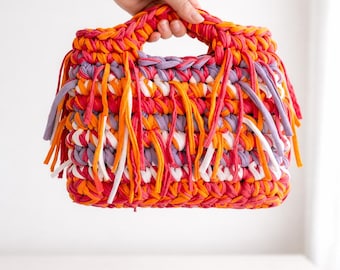 Handmade Colorful Crochet Bag, Small Fringe T-Shirt Yarn Handbag, Summer Statement Purse