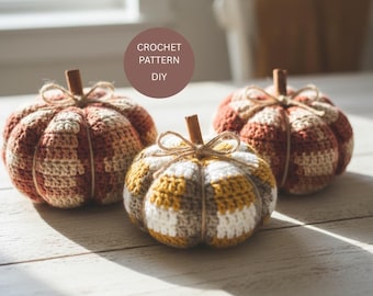 Knitted Pumpkin Pattern: Plaid Chess DIY Autumn Fall Decor PDF with Rustic Cinnamon Stem