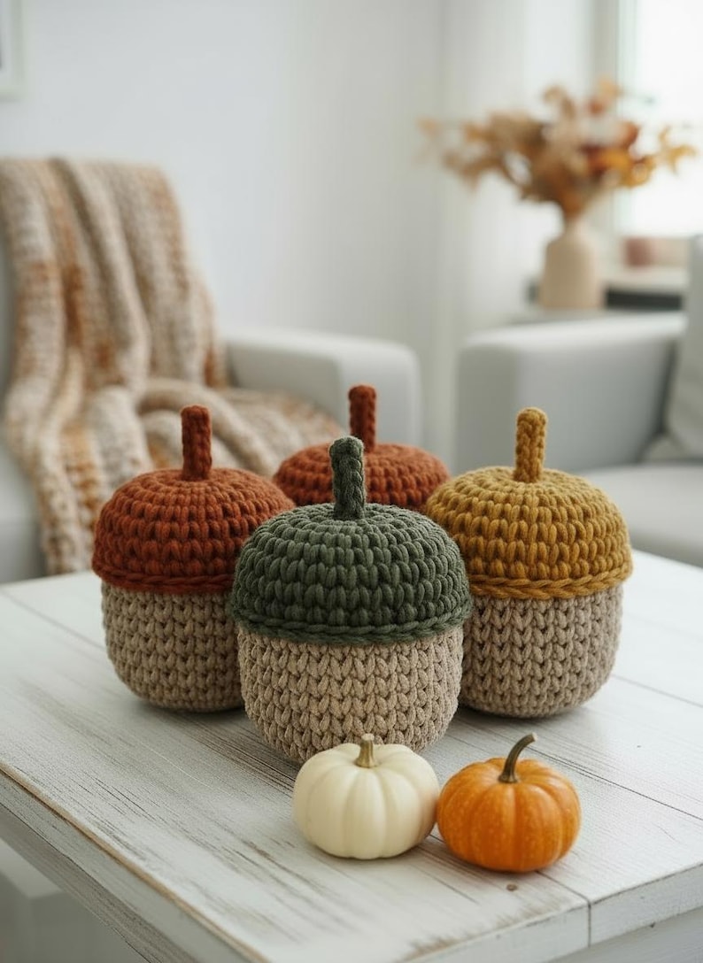 May include: Four crocheted acorn-shaped containers in shades of brown, green, and yellow, with a beige base. Two small pumpkins, one white and one orange, sit in front. The items are arranged on a white wooden table.
