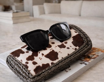 Handmade Cowhide Sunglasses Case with Braided Trim, Faux Leather Eyewear Pouch