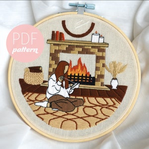 Cosy Girl Embroidery Pattern PDF-Contemporary Modern Beginner Fireplace Winter Christmas Cozy Hand Embroidery, needlecraft, PDF Download