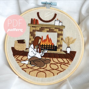 Patrón de bordado de niña acogedora PDF-Chimenea para principiantes moderna contemporánea Invierno Navidad Acogedor bordado a mano, costura, PDF Descargar