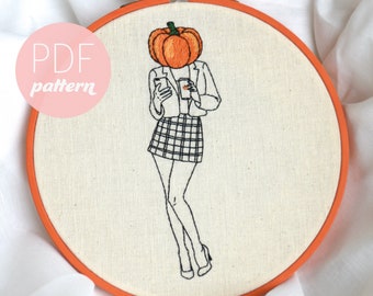 Pumpkin Spiced Latte Embroider Pattern PDF- Modern Beginner Hand Cozy Autumn Fall Coffee Halloween Embroidery, needlecraft, PDF Download