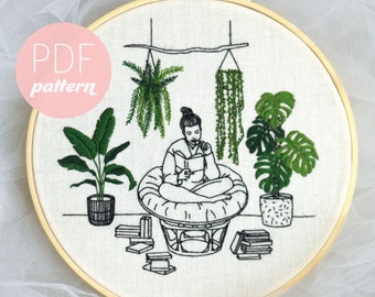 Bookworm Embroidery Pattern PDF-Contemporary Modern Beginner Plant Book Girl Hand Embroidery, needlecraft, PDF Download