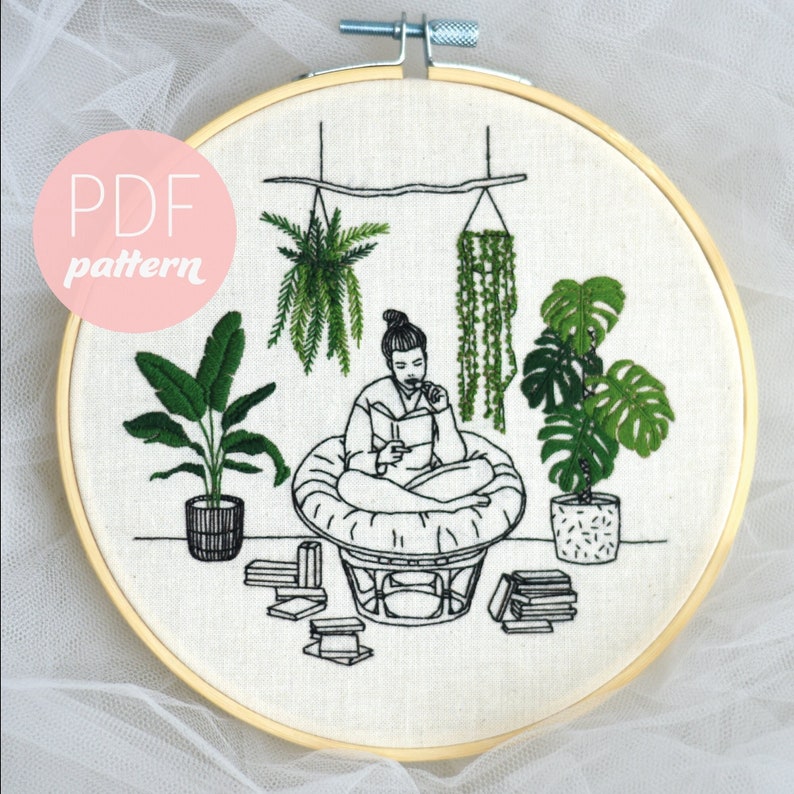 Bookworm Embroidery Pattern Pdf-contemporary Modern Beginner Plant Book ...