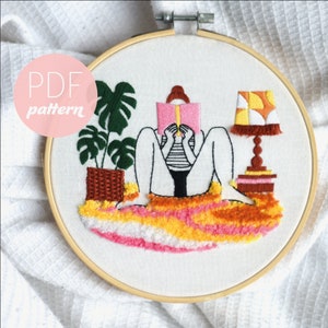 Groovy Embroidery Pattern PDF - Plant Retro Modern Girl Embroidery Design Pattern, Beginner Embroidery Hoop Art Guide, PDF Digital Download