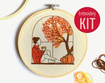 DIY Embroidery Kit Autumn Girl, Modern Embroidery Gift, Fall Plant Tree Beginner Embroidery Kit, Needlecraft Hoop Art Pattern