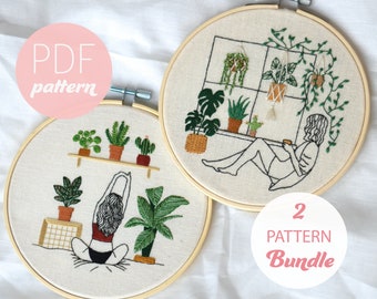 Plant Embroidery Pattern Bundle PDF-Two Contemporary Modern Beginner Plant Girl Hand Embroidery, needlecraft, PDF Download