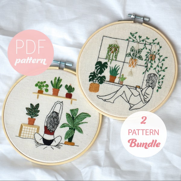 Plant Embroidery Pattern Bundle PDF-Two Contemporary Modern Beginner Plant Girl Hand Embroidery, needlecraft, PDF Download