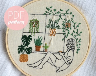 Plant Mom Embroidery Pattern PDF - Female Plant Monstera Beginner Modern Embroidery Pattern Design, Craft Hoop Art, Instant Digital Download