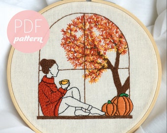 Patrón de bordado de niña de otoño PDF-Contemporáneo moderno principiante Otoño árboles y hojas suéter acogedor bordado a mano, costura, PDF Descargar