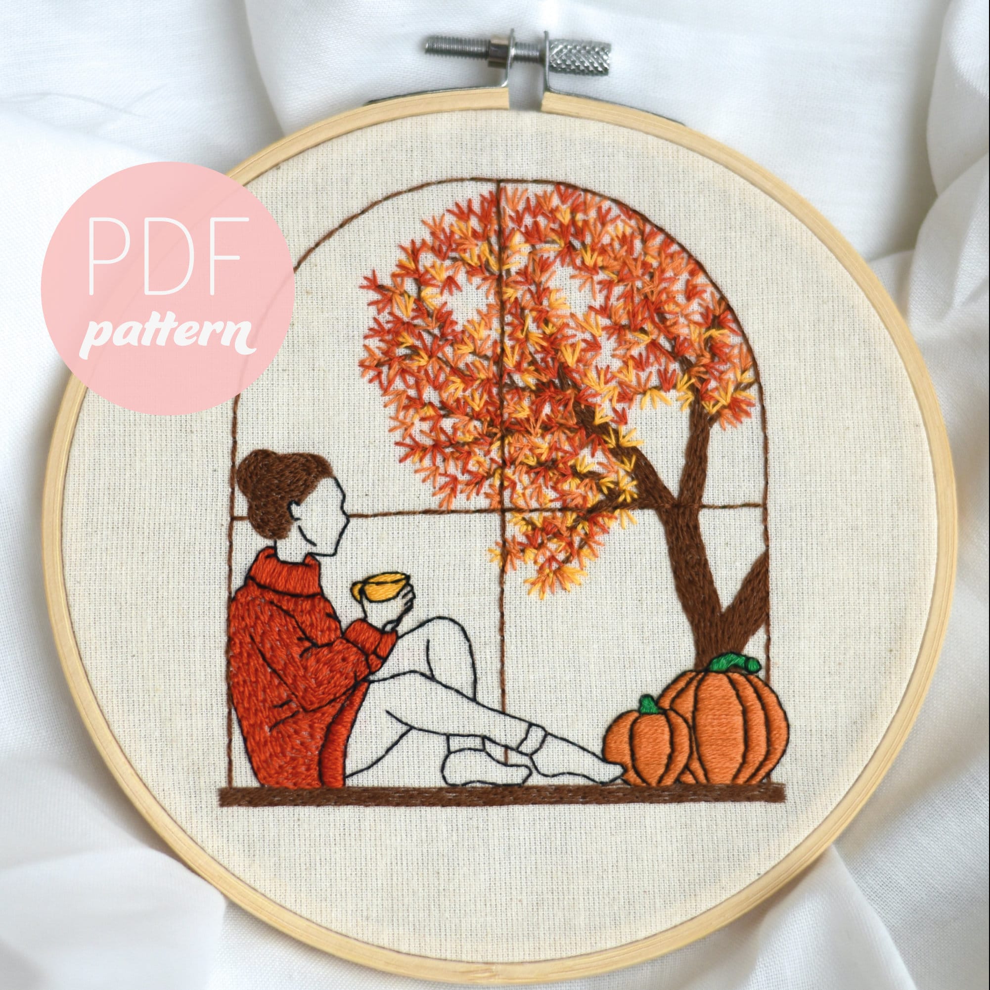 Autumn Girl Embroidery Pattern Pdf-contemporary Modern Beginner Fall Trees  & Leaves Cozy Sweater Hand Embroidery, Needlecraft, PDF Download 