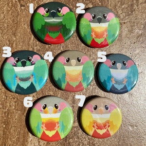 May include: Seven circular buttons with cartoon parrot designs. Each button showcases a different parrot with colours like green, blue, yellow, and red. The buttons are displayed on a brown surface.
