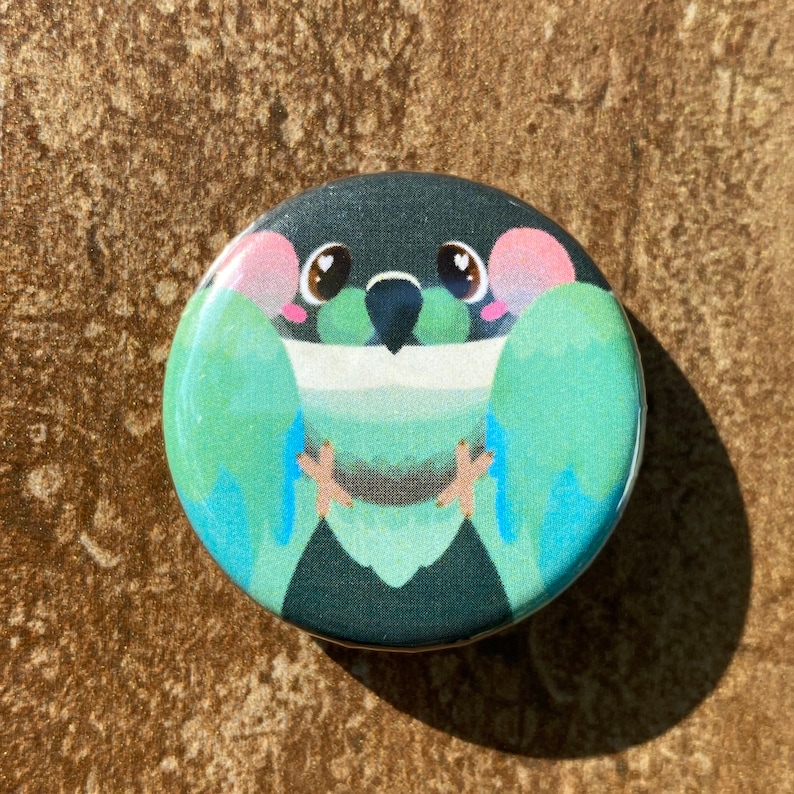 May include: A circular badge with a cartoon bird design. The bird has a teal body, a dark grey head, and pink cheeks. It has large eyes and small pink feet. The background is a textured, brown surface.