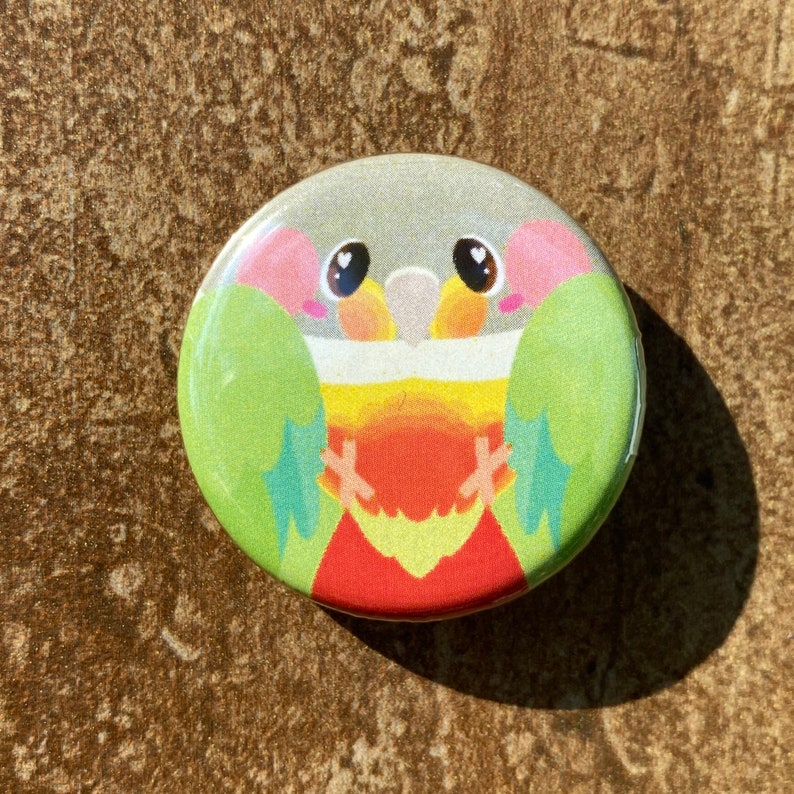 May include: A circular button featuring a cartoon parrot illustration. The parrot has a grey head, pink cheeks, and large black eyes. Its chest is yellow and orange, with green wings and a red lower body. The button is set against a textured brown background.