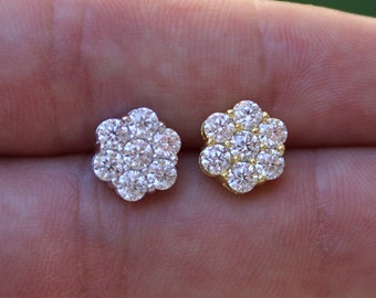 Moissanite Flower Cluster Earrings In 925 Silver or Yellow Gold Earrings with Screwbacks