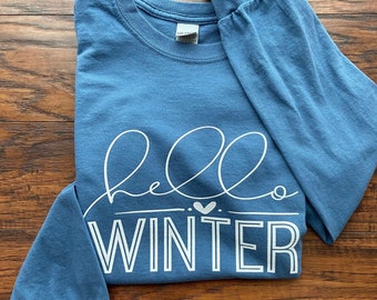Hello Winter Long Sleeve, Cozy Season Cotton Shirt, Christmas Sweater, Unisex Long T-Shirt, Most Wonderful Time of The Year, Screen Print