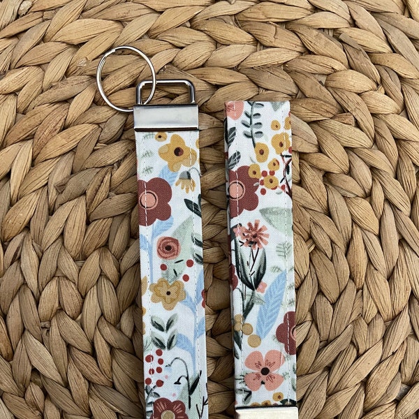 Spring Meadow Wristlet, Colorful Floral Handmade Wrist Lanyard Keychain, Cotton Key Fob for Women, Gifts for Her