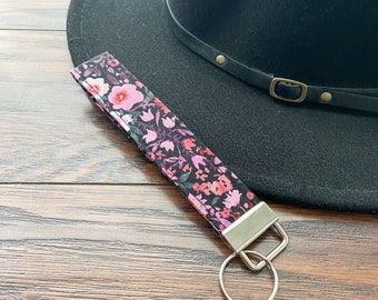 Midnight Floral Wristlet, Black and Pink Handmade Wrist Lanyard Keychain, Cotton Key Fob for Women, Gifts for Her