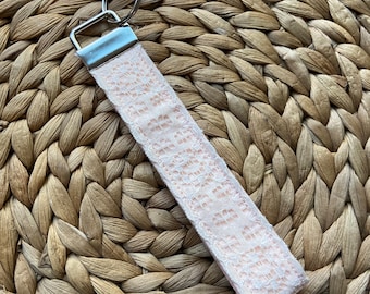 Peach Lace Handsewn Wristlet, Handmade Wrist Lanyard Keychain, Cotton Key Fob for Women, Gifts for Her