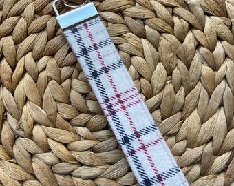 Flannel White Plaid Handsewn Wristlet, Handmade Wrist Lanyard Keychain, Cotton Key Fob for Women, Gifts for Her