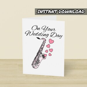 Saxophon Hochzeitskarte, am Hochzeitstag, druckbare Grußkarte, Sofort Download, Saxophonist Hochzeitskarte, Musiker Hochzeitskarte