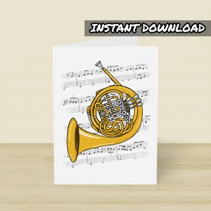 Afdrukbare wenskaart hoorn, afdrukbare wenskaart, instant download, verjaardagskaart hoorn, leraar hoorn, messing muzikant kaart