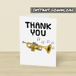 Cartão de agradecimento para trompete, cartão de felicitações para impressão, download instantâneo, cartão de trompetista, professor de trompete, professor de música, professor de escola
