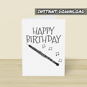 Cartão de aniversário de oboé para impressão, cartão de felicitações para impressão, download instantâneo, tocador de oboé, cartão de oboísta, cartão de professor de oboé, cartão de músico de sopro