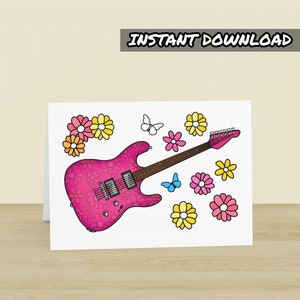 Cartão de guitarra para impressão, cartão de felicitações para guitarrista elétrico, download instantâneo, cartão de dia das mães para músico, professor de violão, cartão de violão para meninas