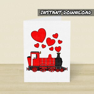 Tarjeta de San Valentín con tren para imprimir, tarjeta para imprimir, descarga instantánea, entusiasta de los ferrocarriles, tarjeta de San Valentín para él, tarjeta de aniversario de bodas