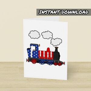 Carte 4 juillet pour garçons, train à vapeur drapeau des Etats-Unis, carte de voeux imprimable, téléchargement immédiat, carte de fête de l'indépendance des enfants, carte d'anniversaire patriotique