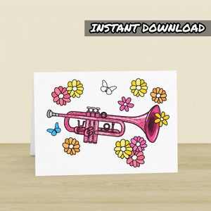 Carte de trompette imprimable, carte de voeux de trompettiste, téléchargement immédiat, carte de fête des mères musicienne, carte de trompettiste florale, professeur de cuivres