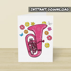 Cartão de tuba para impressão, cartão de felicitações para tocador de tuba, download instantâneo, cartão de dia das mães para músico, professor de tuba, músico de sopro, cartão para tubaísta