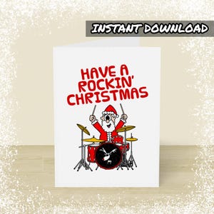 Printable Drummer Christmas Card, Santa Playing Drums, Printable Xmas Card, Instant Download, Drum Teacher Card, Musician Xmas Card