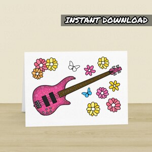 Afdrukbare basgitaarkaart, wenskaart basgitarist, direct downloaden, muzikant Moederdagkaart, basleraar, kaart vrouwelijke bassist