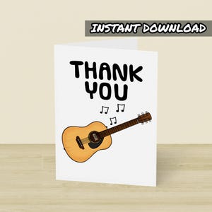 Bedankkaart akoestische gitaar, afdrukbare wenskaart, direct downloaden, kaart gitarist, gitaarleraar, muziekleraar, schoolleraar
