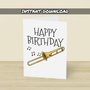 Afdrukbare tromboneverjaardagskaart, direct downloaden, verjaardagskaart trombonist, trombonedocent, koperen muzikant kaart