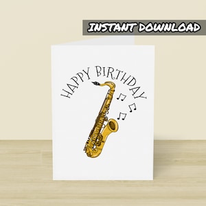Carte d'anniversaire imprimable saxophone, carte de voeux imprimable, téléchargement immédiat, carte de joueur de saxophone, saxophoniste, professeur de saxophone, carte de musicien