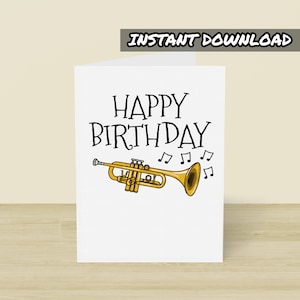 Tarjeta de cumpleaños para trompeta imprimible, tarjeta de felicitación imprimible, descarga instantánea, tarjeta de cumpleaños para trompetista, tarjeta para profesor de trompeta, tarjeta para músico de metales