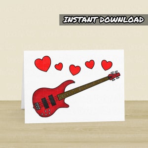 Printable Bass Guitar Valentines Card, Printable Card, Instant Download, Bassist Card, Bass Guitar Teacher, Wedding Musician Card