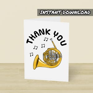Cartão de agradecimento de trompa francesa, cartão de felicitações para impressão, download instantâneo, cartão de músico de sopro, professor de trompa, professor de música, professor de escola