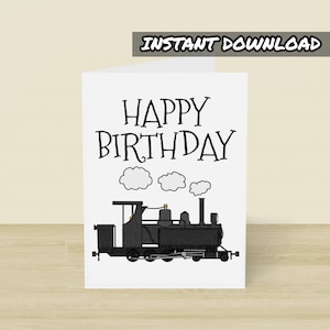 Biglietto di auguri di compleanno a tema treno stampabile, biglietto stampabile, download immediato, appassionato di ferrovie, biglietto di auguri per lui a tema treno a vapore americano