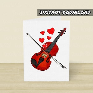 Tarjeta de San Valentín con violín para imprimir, tarjeta para imprimir, descarga instantánea, tarjeta de violinista, profesora de violín, tarjeta de violín para ella, músico de bodas