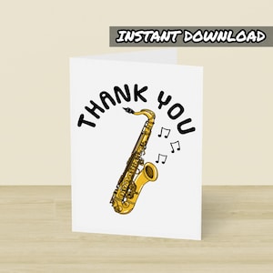 Cartão de agradecimento para saxofone, cartão de felicitações para impressão, download instantâneo, cartão para saxofonista, professor de saxofone, professor de música, professor de escola