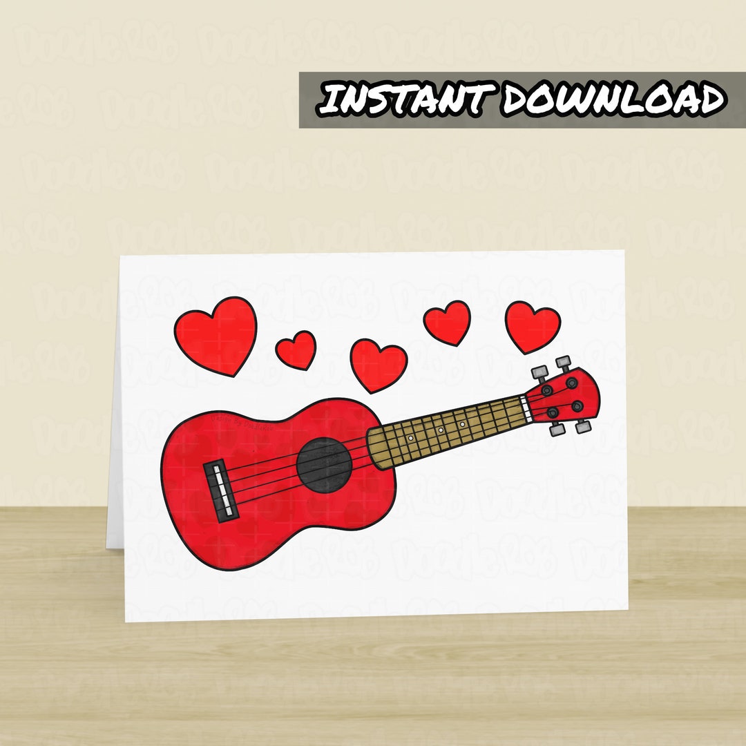 Printable Ukulele Valentines Card, Printable Card, Instant Download